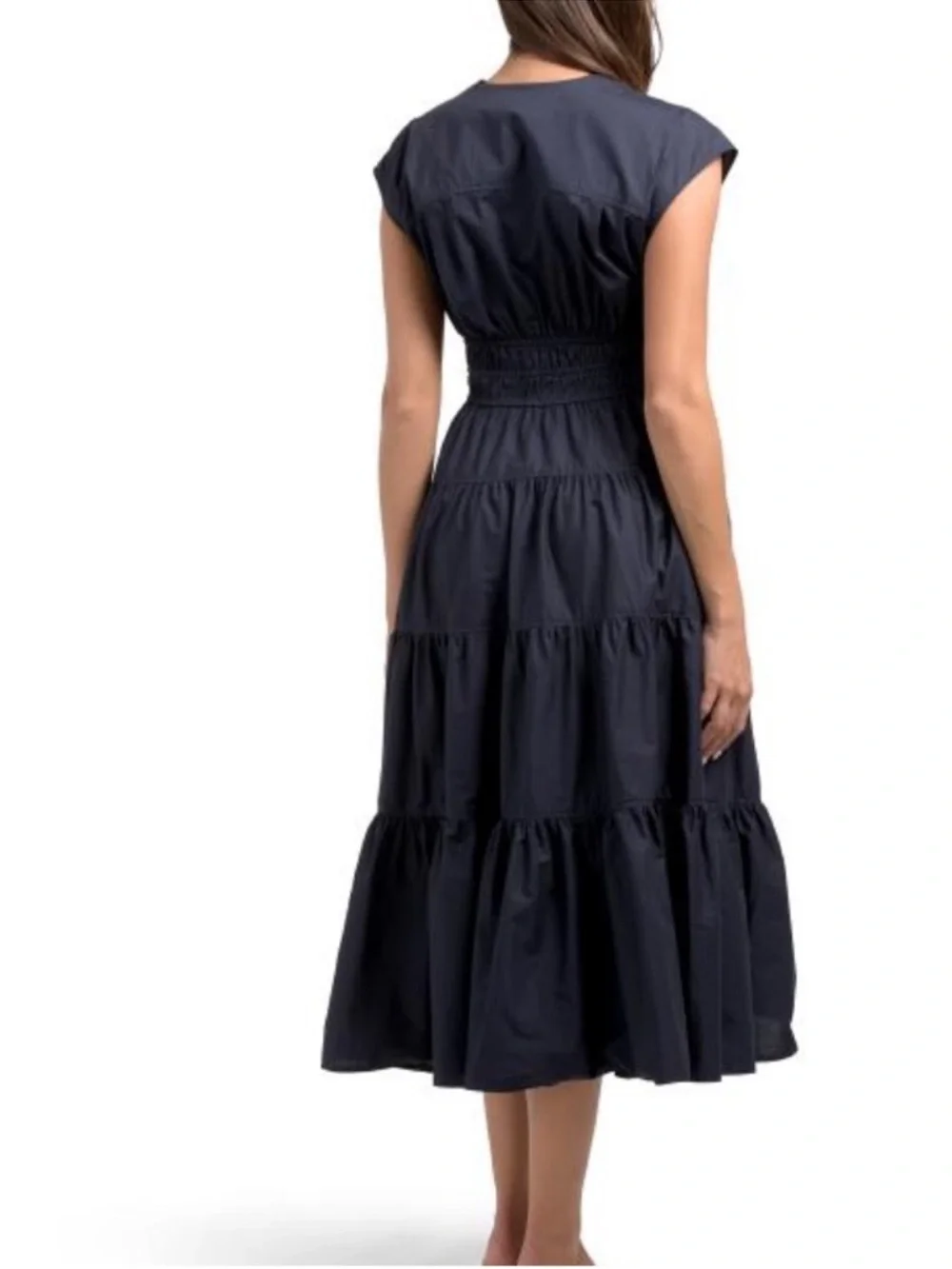 NWT Nicole Miller New York Navy Smocked Waist Tiered Cotton Midi Dress Size L - Picture 2 of 6